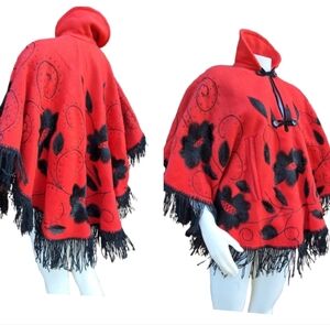 Handmade red vintage felted embroidered poncho / cape ONE SiZE.. fits plus